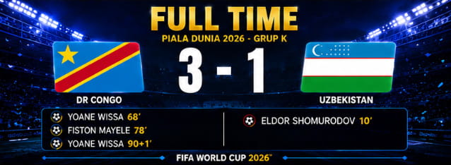Hasil Pertandingan Piala Dunia 2026 DR Congo 3-1 Uzbekistan