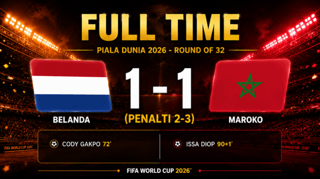 hasil pertandingan 32 besar piala dunia 2026 belanda 1-1 maroko (penalti 2-3)