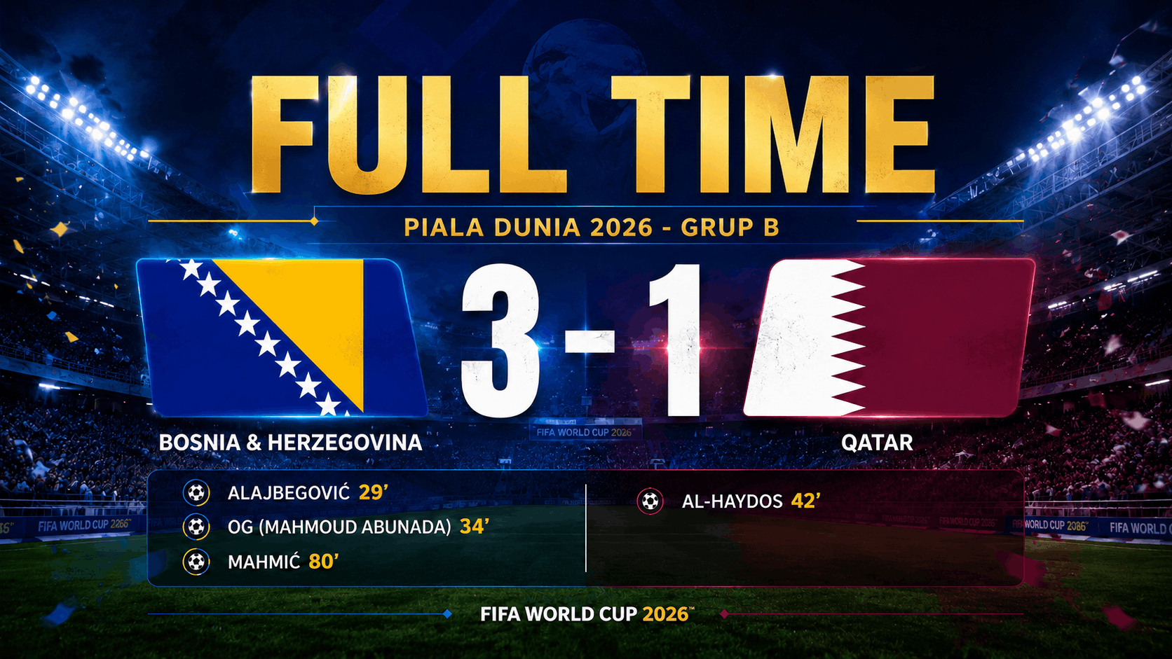 hasil pertandingan bosnia vs qatar di Piala Dunia 2026