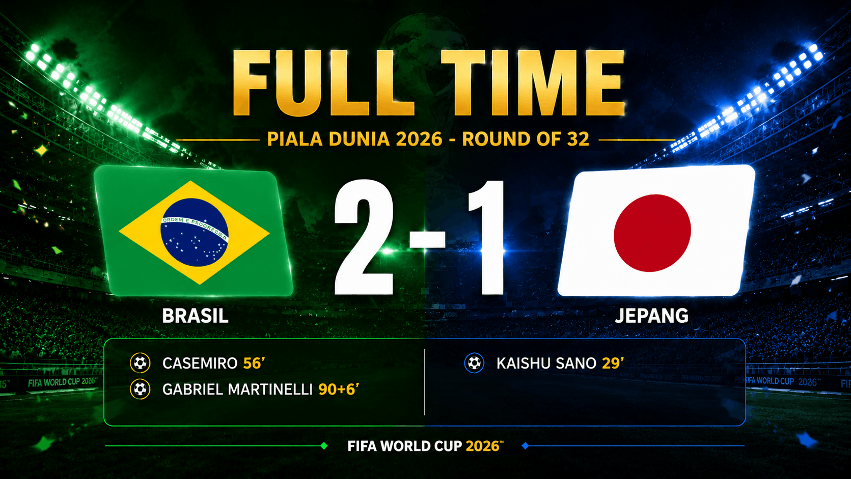 hasil pertandingan 32 besar piala dunia 2026 brasil 2-1 jepang